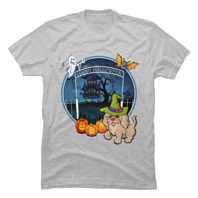 Men's Design By Humans Puppy Dog Witch Hat Halloween Ghost By Fractals T-Shirt