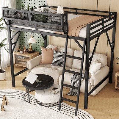Racxily Queen Size Loft Bed with Ladder, Metal Queen Loft Bed with Storage Shelves, High Loft Bed for Kids Teens, Black