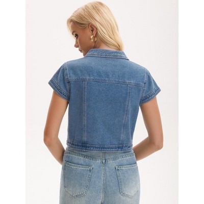 INSPIRE CHIC Women's Denim Turndown Collar Cap Sleeves Open Front Cropped Jean Jacket Medium Blue — фото 4
