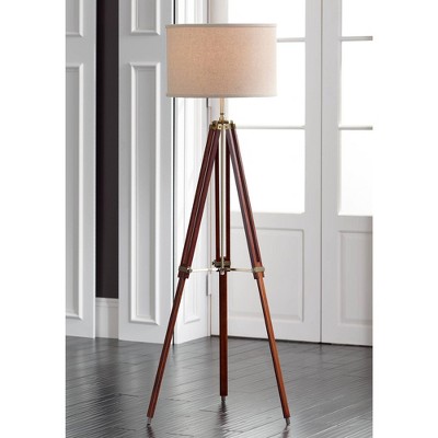 Adjustable Cherry Wood Tripod Floor Lamp with Beige Linen Shade