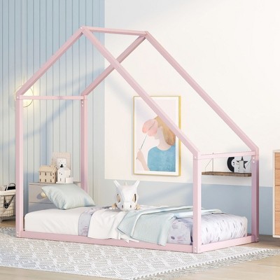 CAVINAS Twin Size Small House Bed Frame With Trundle,Metal Floor Bed for Kids Room,Bedroom
