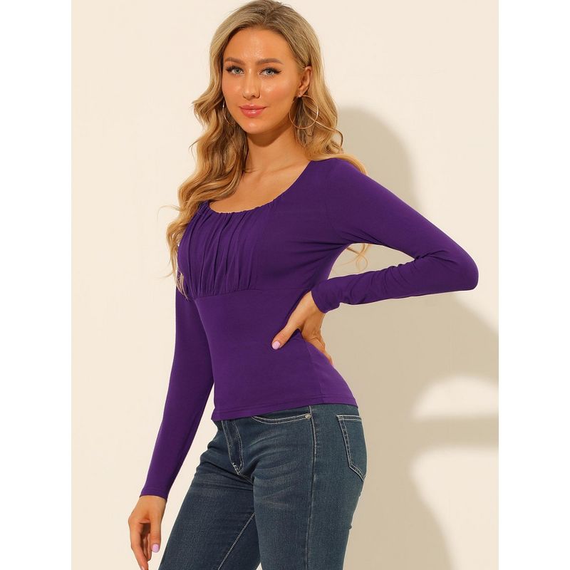 Allegra K Women's Solid Color Ruched Front Scoop Neck Long Sleeve Basic Tops, 4 of 7