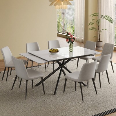 9 Piece Dining Set for 8,Retractable Sintered Stone Dining Table with 8 Armless Dining Chairs Metal Legs for Dining Room,Kitchen-The Pop Home
