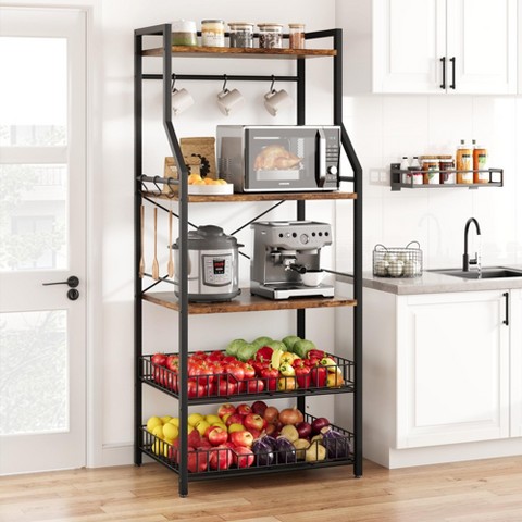 TROPOW Kitchen Bakers Rack, Microwave Oven Stand with 2 Large Wire Basket, Industrial Coffee Bar Station, 5-Tier Kitchen Utility Storage Shelf with 8 Hooks