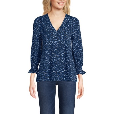 Lands' End Women's 3/4 Sleeve Lightweight Jersey Button Front Top
