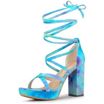 Allegra K Women's Opened Toe Tie Dye Platform Chunky Heel Lace Up Sandals