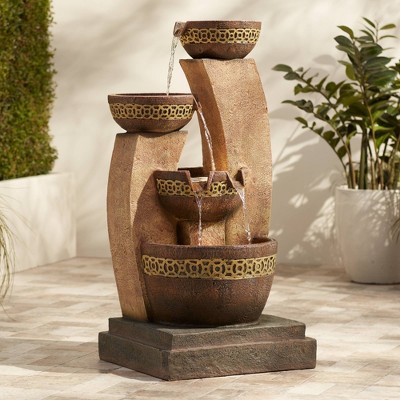 Beige and Brown Faux Stone Four Bowl Cascading Water Fountain with LED Light