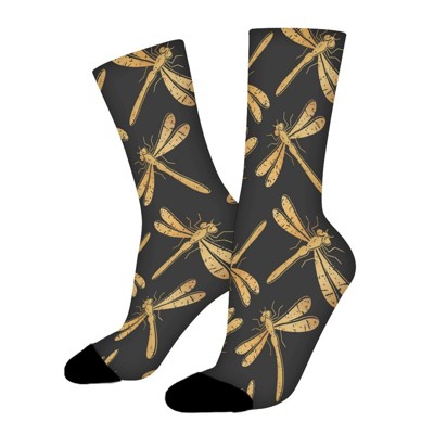 Vintage Gold Dragonfly Women Printed Crew Socks Funny Funky Socks Soft Polyester Novelty Gifts for Artists Men