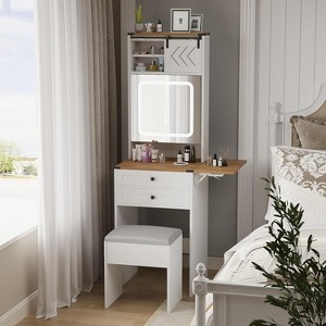 ELECWISH Vanity Desk with Mirror&Lights, Farmhouse Small Makeup Vanity with Fold Up Panel, 3 Light Modes, Storage Chair, Compact Dressing Table, White - 1 of 4