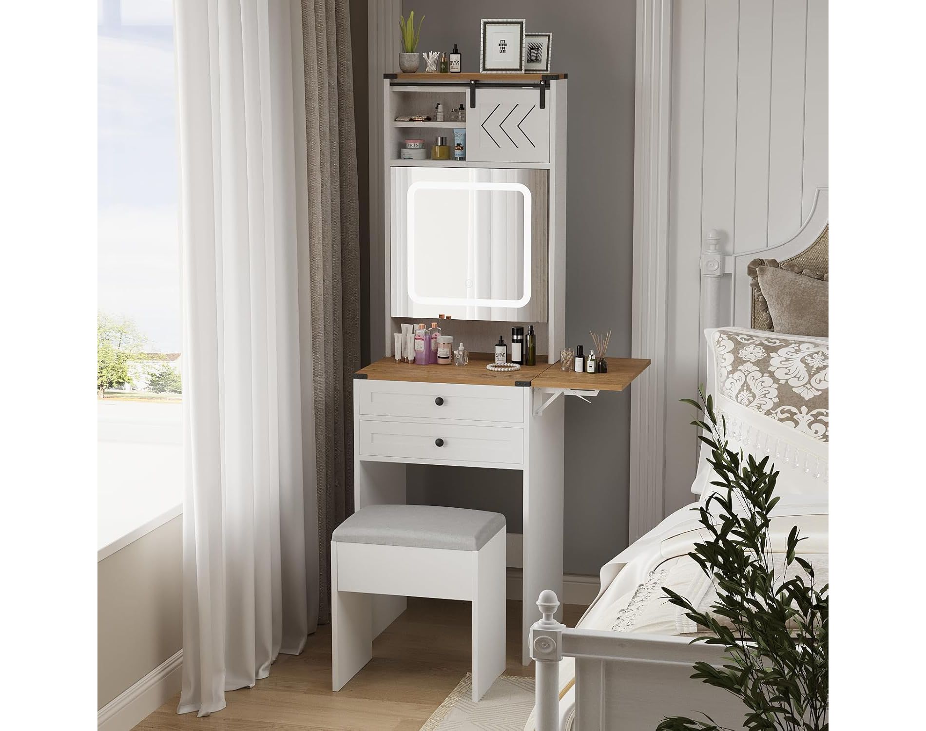 ELECWISH Vanity Desk with Mirror&Lights, Farmhouse Small Makeup Vanity with Fold Up Panel, 3 Light Modes, Storage Chair, Compact Dressing Table, White