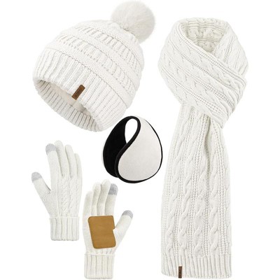ZUPPAD 4-in-1 Women Winter Beanie Hat Scarf Touchscreen Gloves Ear Warmer Set Fleece Lined Warm Knit Skull Cap with Pom Pom