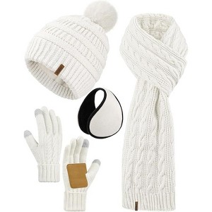 ZUPPAD 4-in-1 Women Winter Beanie Hat Scarf Touchscreen Gloves Ear Warmer Set Fleece Lined Warm Knit Skull Cap with Pom Pom - 1 of 4