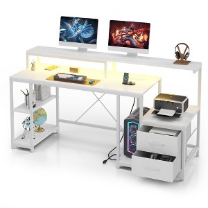 Computer Gaming Desk with File Drawers, 63'' Home Office Desk with Power Outlets & LED Light - 1 of 4