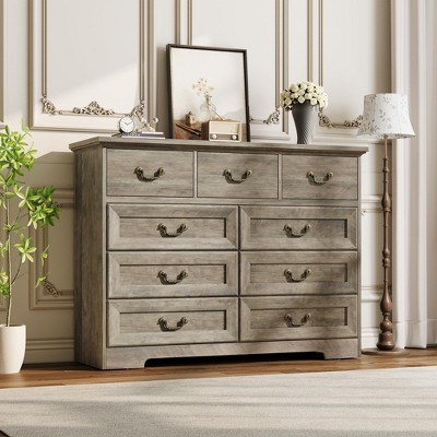 9-Drawer Dresser for Bedroom, 47" Wide Dressers Wood Vintage Chest of Drawers with Natural Texture and Vintage Gold Floral Handles