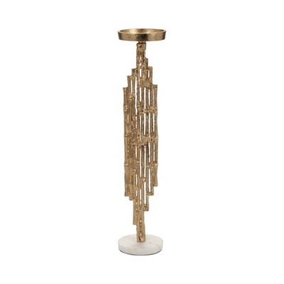 Pillar Candle Holder Sculptural Textured Design Metal Aluminum Marble Modern Style Home Office Living Room Decor 4x4 Elegant Accent Piece - 19" Gold