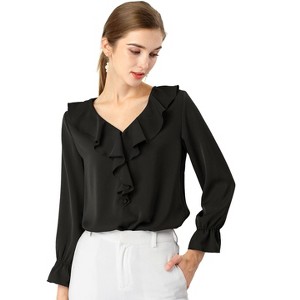 INSPIRE CHIC Women's Office Work Ruffle V Neck Long Sleeve Chiffon Peasant Blouse - 1 of 4