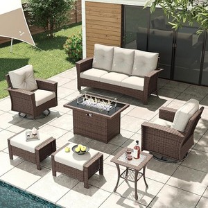 LayinSun Wicker Patio Furniture Set with Fire Pit Table, Classis Outdoor Conversation 360 Degree Swivel Chairs Set with Coffee Table - 1 of 4