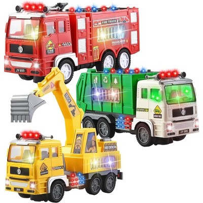 SYNCFUN 3-in-1 Toy Trucks, Automatic Bump & Go Fire Truck Toy, Garbage Truck, Play Excavator Vehicle Toys Gifts for Kids Boys Girls 2-8 Years Old