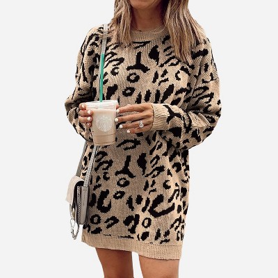 Women's Leopard Print Drop Long Sleeve Sweater Dress -Light Brown/Black