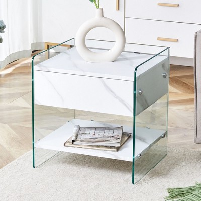 NicBex 17.7 Inch Glass Nightstand,Bedside Tables with MDF Drawer and Open Shelf for Bedroom,Living Room
