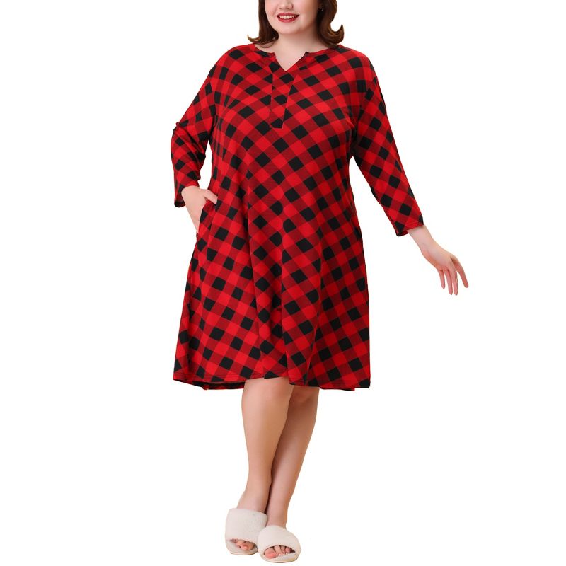 Agnes Orinda Women's Plus Size Comfort Plaid V Neck Lounge Nightgowns, 2 of 7