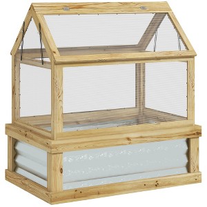 Outsunny Raised Garden Bed with Polycarbonate Greenhouse, Wooden Cold Frame Greenhouse, Garden Flower Planter Protection, 35.5"x22.5"x38.25", Natural - 1 of 4