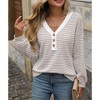 Women's V - Neck Button - Front Striped Waffle Knit Top, Color - Block Long - Sleeve Casual Shirt with Hollow - Out Texture - 2 of 4