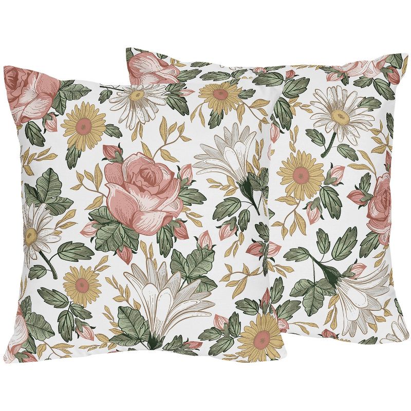 Sweet Jojo Designs Set of 2 Decorative Accent Kids' Throw Pillows 18in. Vintage Floral Pink Green and Yellow, 1 of 6