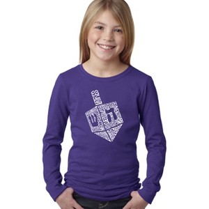 LA Pop Art Hanukkah Dreidel - Girl's Word Art Long Sleeve T-Shirt Purple X Large - 1 of 4