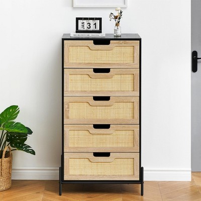 Modern Rattan 5 Drawers Dresser, Double Dresser for Bedroom, Chest of Drawers Closet Organizers and Storage Clothes