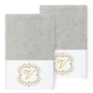 Linum Home Textiles 100% Turkish Cotton MONICA Gold Thread 2PC Embellished Hand Towel Set - 1 of 3