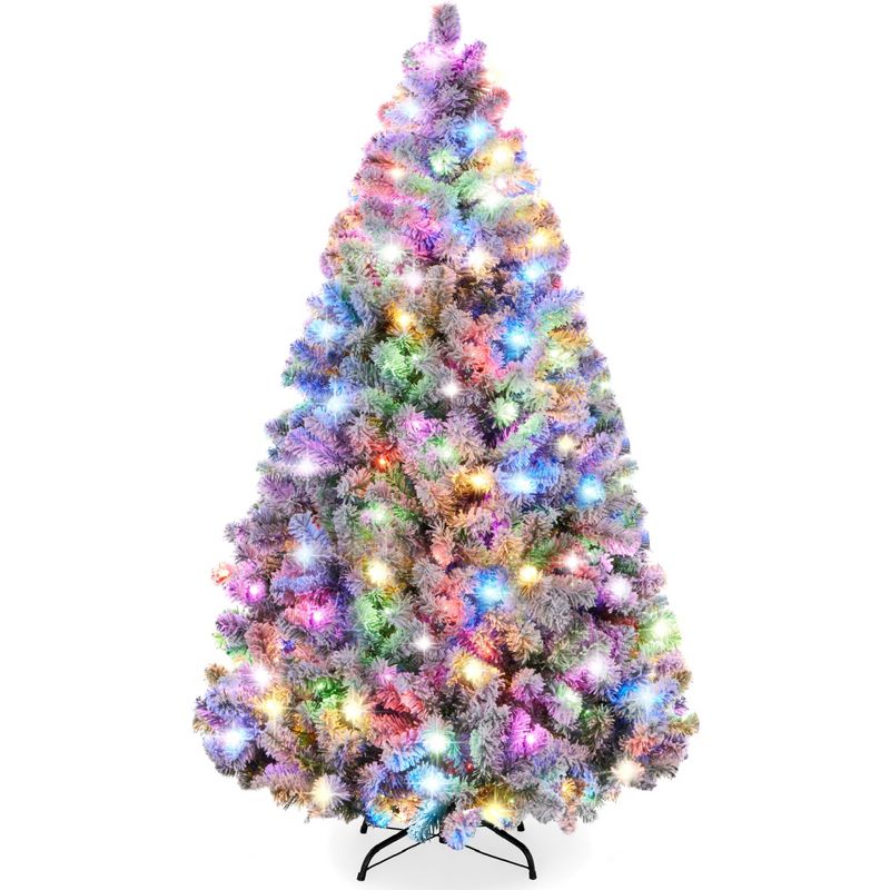 Best Choice Products Pre-Lit Holiday Christmas Pine Tree w/ Flocked Branches, Warm-White & Multicolored Lights, 1 of 8