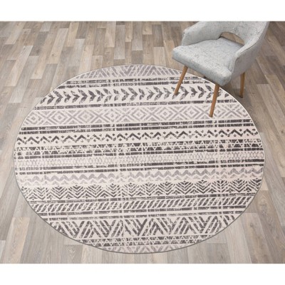 Gray Geometric Distressed Round Synthetic Area Rug 6'6"