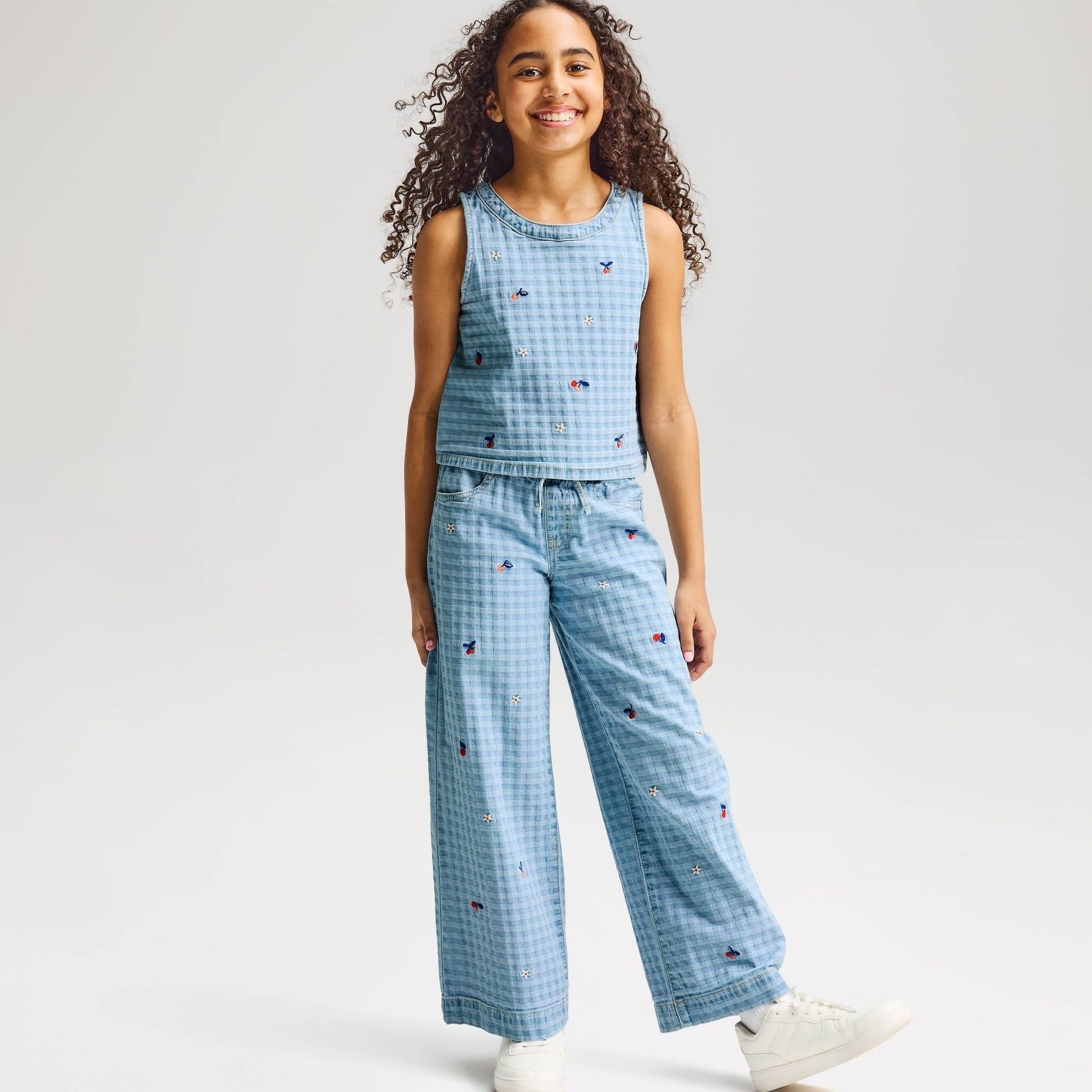 Girls' Mid-Rise Pull-On Denim Embroidered Wide Leg Pants - Cat & Jack™ Blue