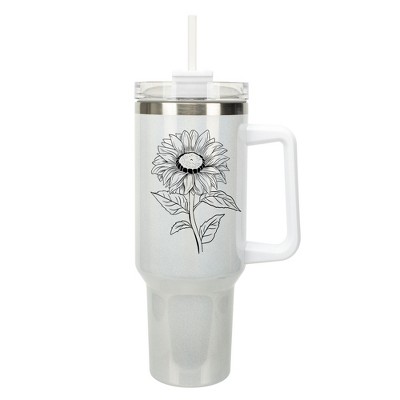 Elanze Designs 40 Ounce Travel Tumbler With Straw and Lid Stainless Steel Double Wall Insulated Joyful Sunflower White Glitter
