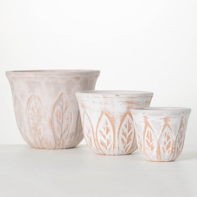 Rustic White and Clay Leaf Patterned Pot Set of 3