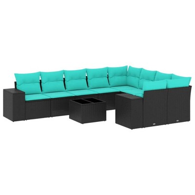 vidaXL Patio Sofa Set Black PE rattan, powder-coated steel, polyester - Black and Blue With Table