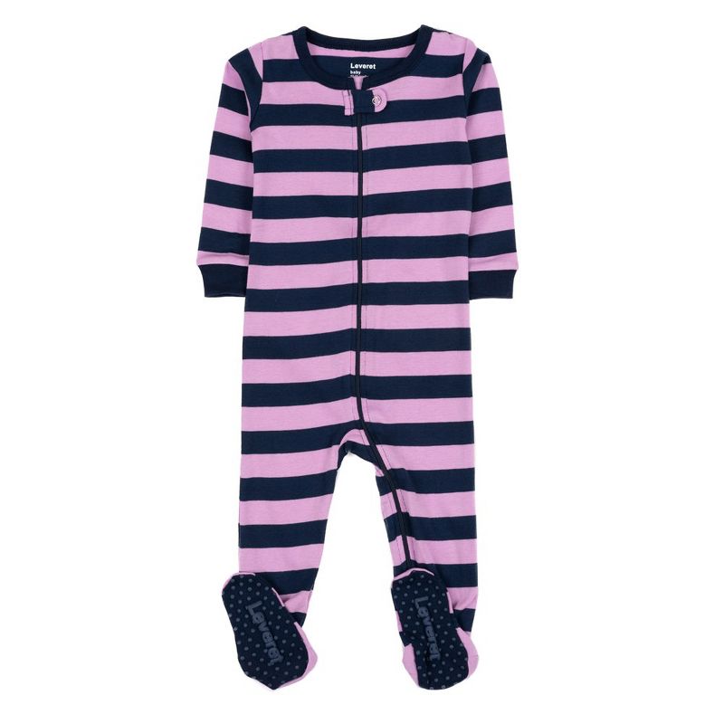 Leveret Kids Footed Girls Striped Cotton Pajamas, 1 of 4