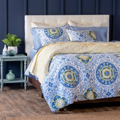 Queen Aria Cotton Percale Duvet Cover Set Blue - Martha Stewart