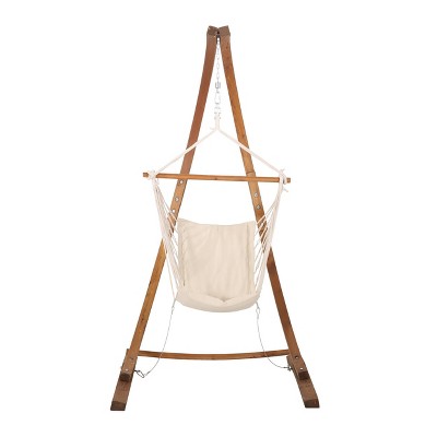 Griffith Outdoor Fabric Swing Hammock Chair with Stand - Cream/Teak - Christopher Knight Home
