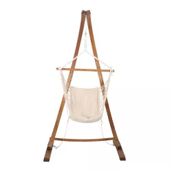 Griffith Outdoor Fabric Swing Hammock Chair with Stand - Cream/Teak - Christopher Knight Home