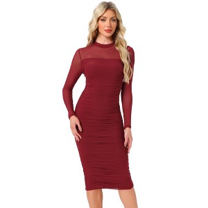 INSPIRE CHIC Women's Mesh Mock Neck Long Sleeve Ruch Elegant Cocktail Bodycon Dress - 1 of 4