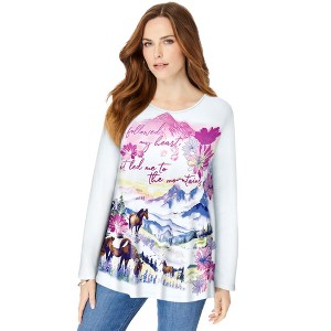 Roaman's Women's Plus Size Travel Graphic Long Sleeve Tee - 1 of 4