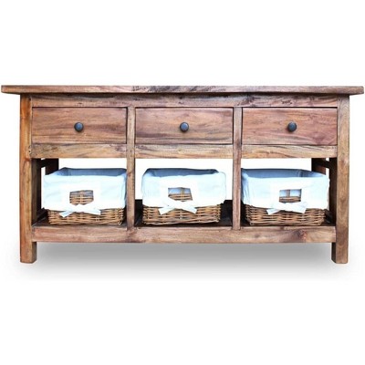 Rustic Reclaimed Wood Sideboard with Rattan Baskets, 39.4"