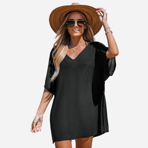 Women's Semi Sheer Cover-up Dress - Cupshe-m-black : Target