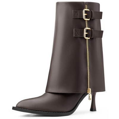 BLISSFUL STEP Women's Pointed Toe Mid Calf Fold Over Buckle Stiletto Heel Boots