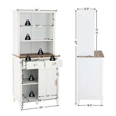 White Pine Wood Freestanding Kitchen Pantry Cabinet with Hutch
