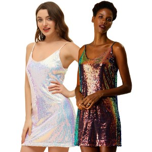Allegra K Women's Glitter Sequin Spaghetti Strap V Neck Cocktail Sparkly Mini Dress 2 Packs - 1 of 4