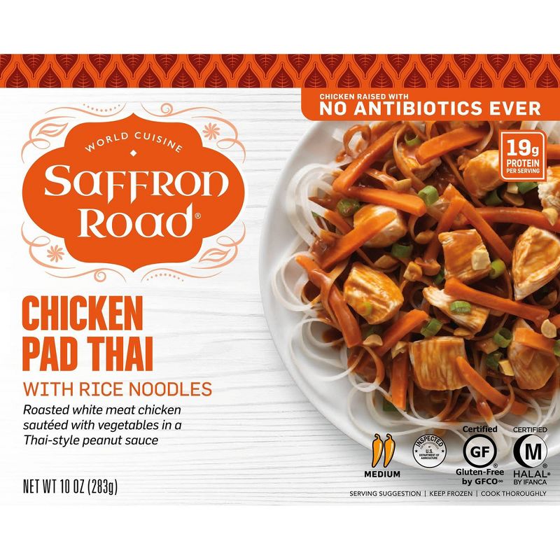 Saffron Road Chicken Pad Thai with Rice Noodles Gluten Free Asian Meal Frozen Dinner - 10oz, 1 of 5
