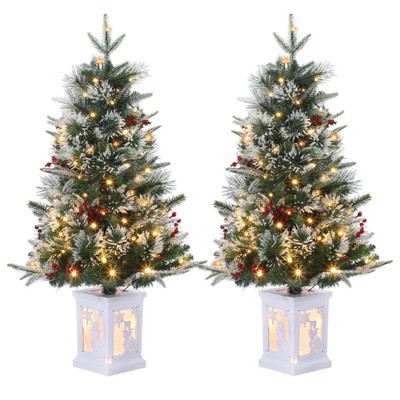 3FT Pre-Lit Artificial Christmas Tree Tabletop with 78 Warm White Lights, Flocked Potted Christmas Tree, Battery Operated, for Front Door, Porch